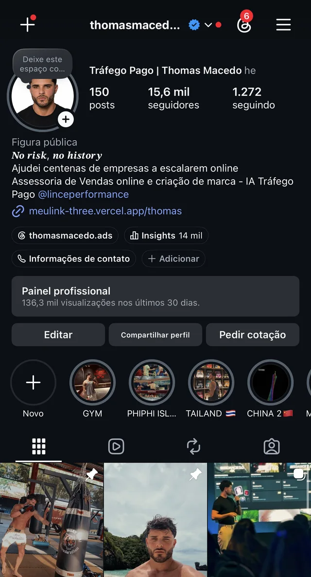 Print do perfil @thomasmacedo.ads no Instagram: Tráfego Pago | Thomas Macedo, 15,6 mil seguidores
