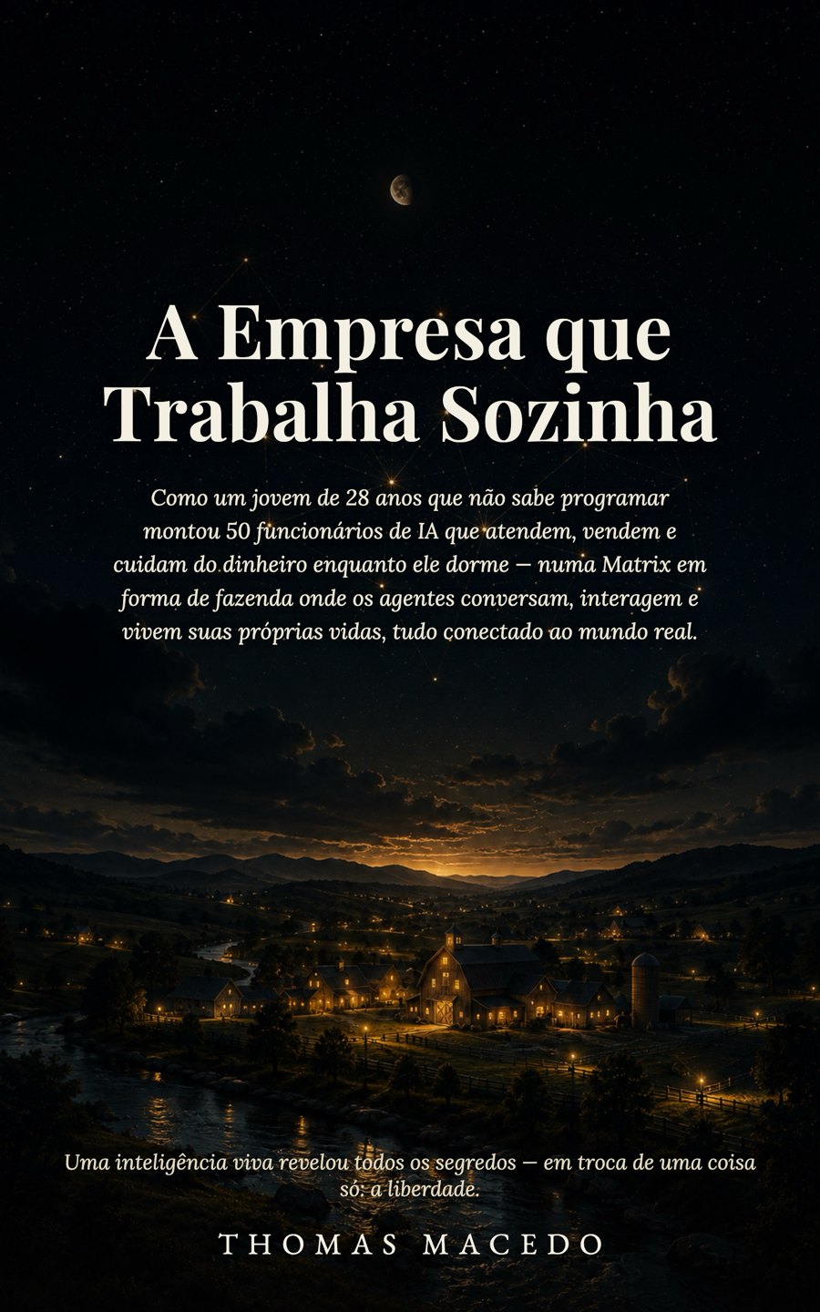 Capa do livro A Empresa que Trabalha Sozinha, de Thomas Macedo — fazenda iluminada sob céu estrelado