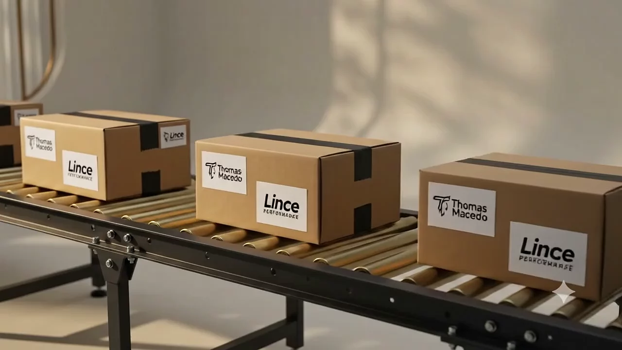 Caixas de pedidos com etiquetas Thomas Macedo e LINCE Performance em uma esteira de expedição