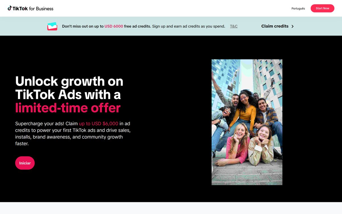 Página oficial do programa de parceiros do TikTok for Business: até US$ 6.000 em créditos de anúncio